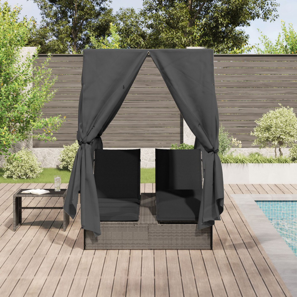 Produktbild för Dubbel solstol med gardiner Grå 205 x 129 x 200 cm konstrotting