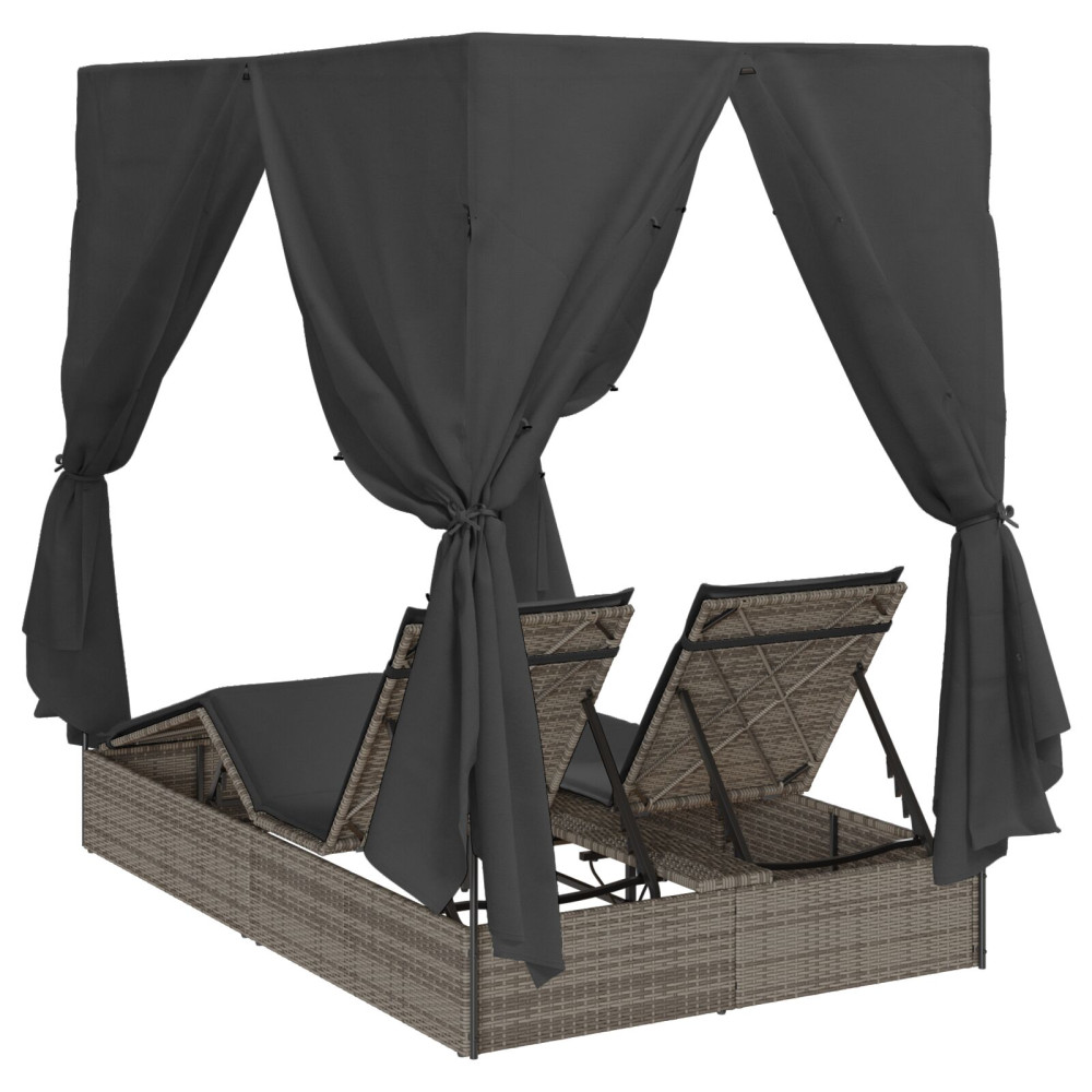 Produktbild för Dubbel solstol med gardiner Grå 205 x 129 x 200 cm konstrotting