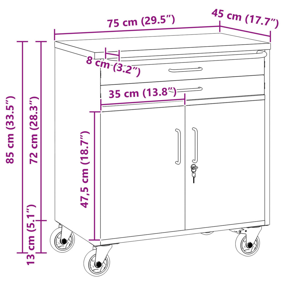 Produktbild för Rullbord Arbetsbänk med låda Svart och Grå 75 x 45 x 85 cm