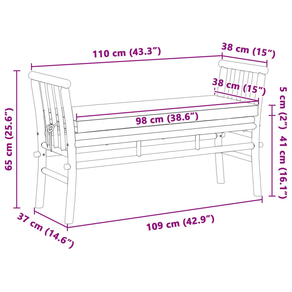 Produktbild för Trädgårdsbänk med kudde Brun 110 x 38 x 65cm Bambu