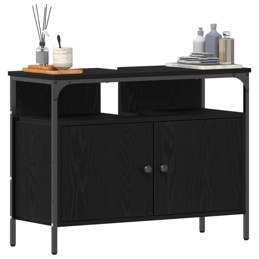 Produktbild för Badrumsskåp med handfat med lagring Svart ek 80 x 30 x 60 cm