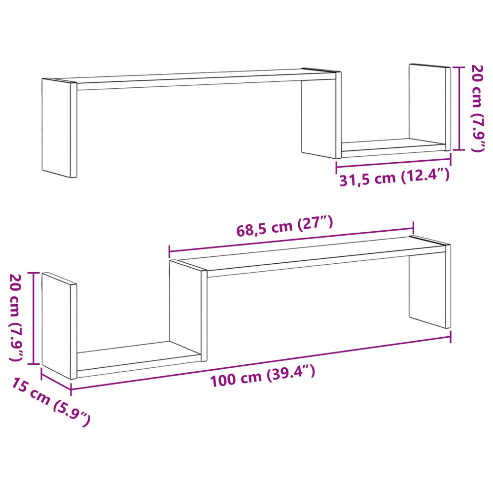 Produktbild för Vägg hylla 2 pcs Svart Ek 100 x 15 x 20 cm Konstruerat trä