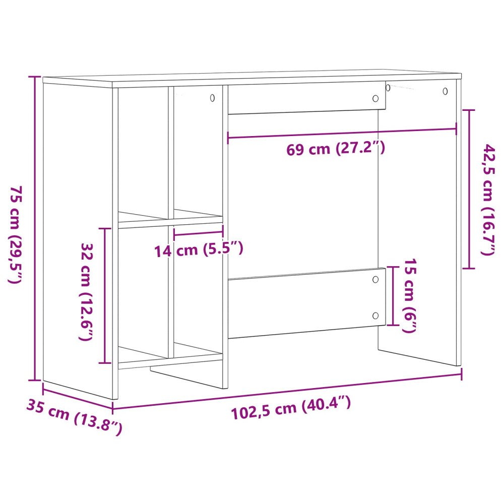 Produktbild för Skrivbord med hylla Svart Ek 102,5 x 35 x 75 cm Konstruerat trä