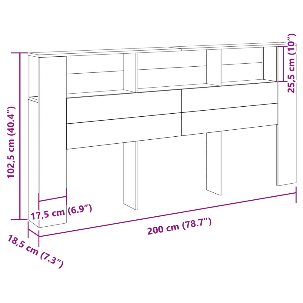 Produktbild för Sänggavelsskåp Svart Ek 200 x 18,5 x 102,5 cm Konstruerat trä