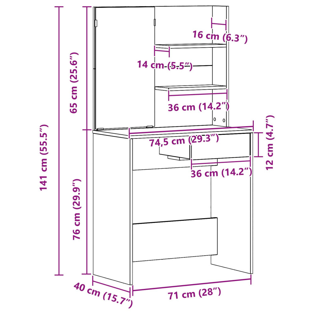 Produktbild för Smyckebord med låda Svart Ek 74,5 x 40 x 141 cm Konstruerat trä