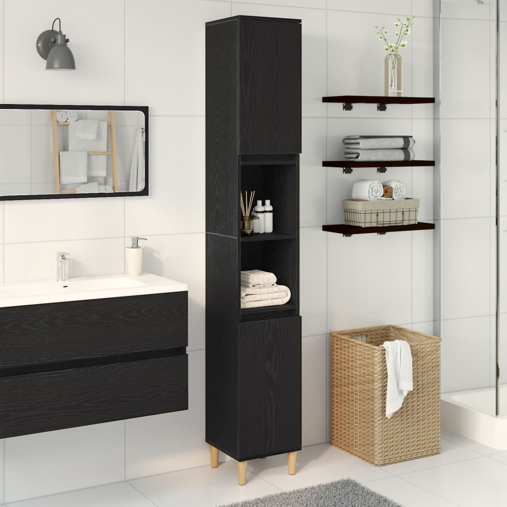 Produktbild för Badrumsskåp med hylla Svart Ek 30 x 30 x 190 cm Konstruerat trä