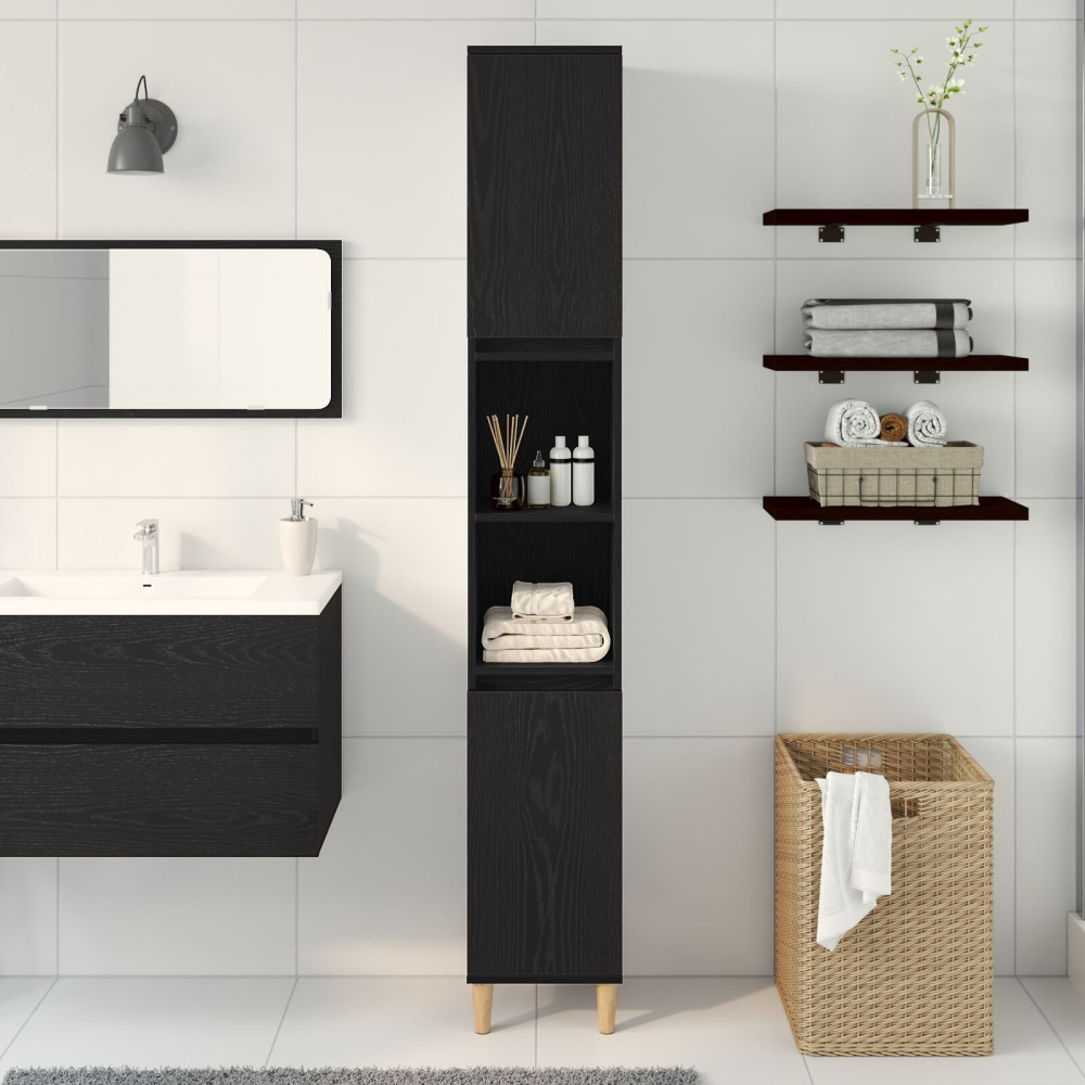 Produktbild för Badrumsskåp med hylla Svart Ek 30 x 30 x 190 cm Konstruerat trä