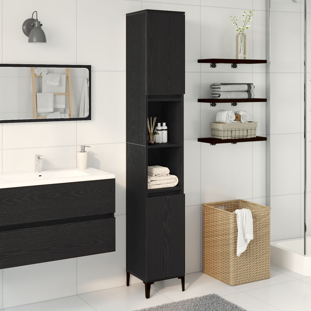 Produktbild för Badrumsskåp med hylla Svart Ek 30 x 30 x 190 cm Konstruerat trä
