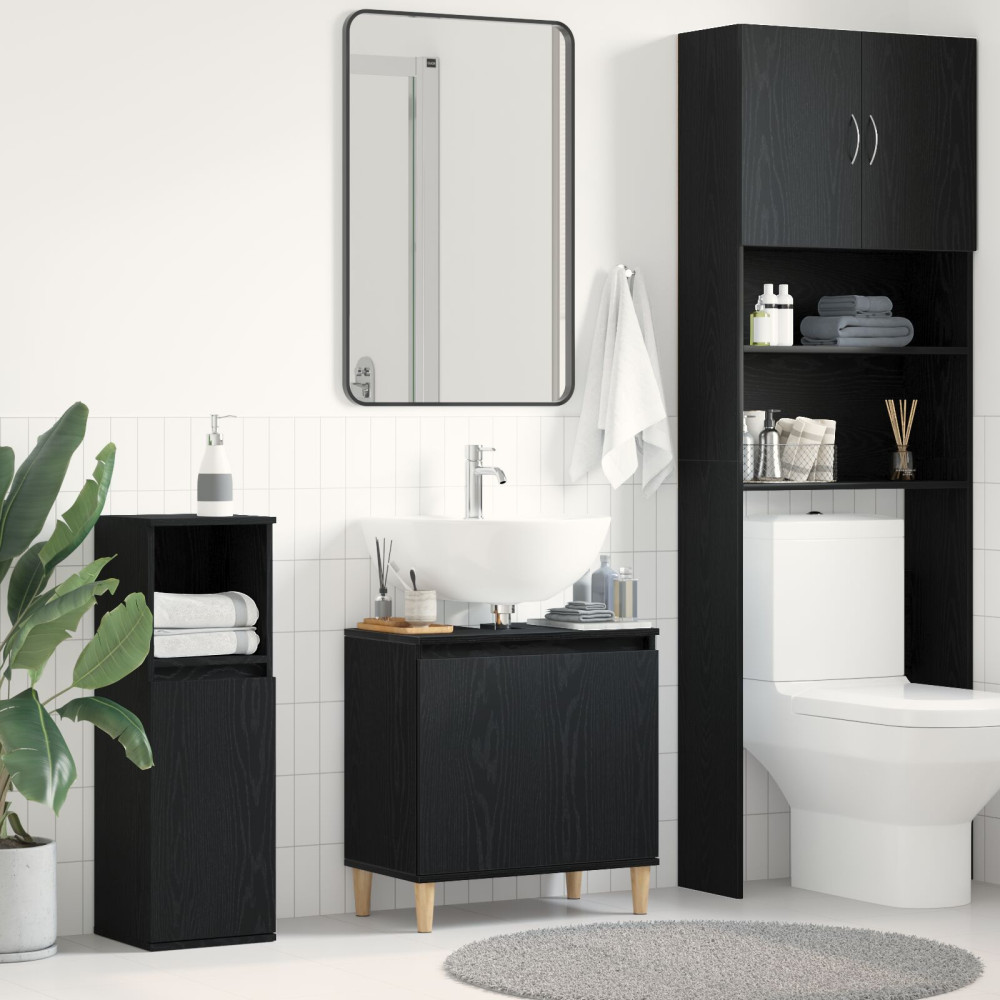 Produktbild för Badrumsskåp med handfat med hylla Svart Ek 58 x 33 x 60 cm
