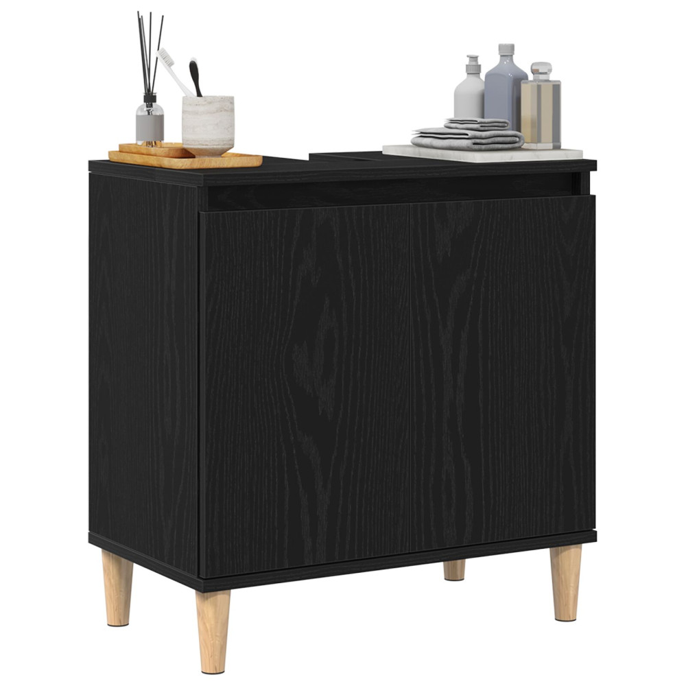 Produktbild för Badrumsskåp med handfat med hylla Svart Ek 58 x 33 x 60 cm