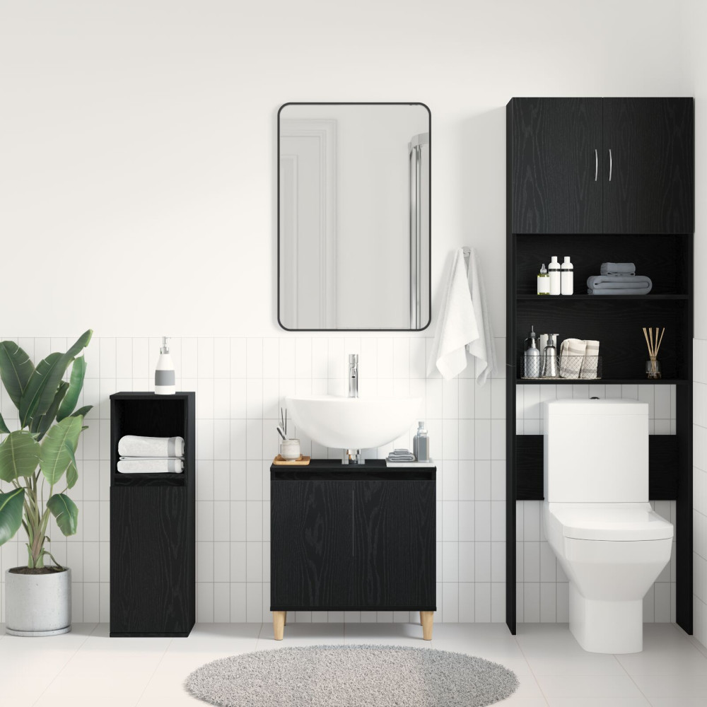 Produktbild för Badrumsskåp med handfat med hylla Svart Ek 58 x 33 x 60 cm