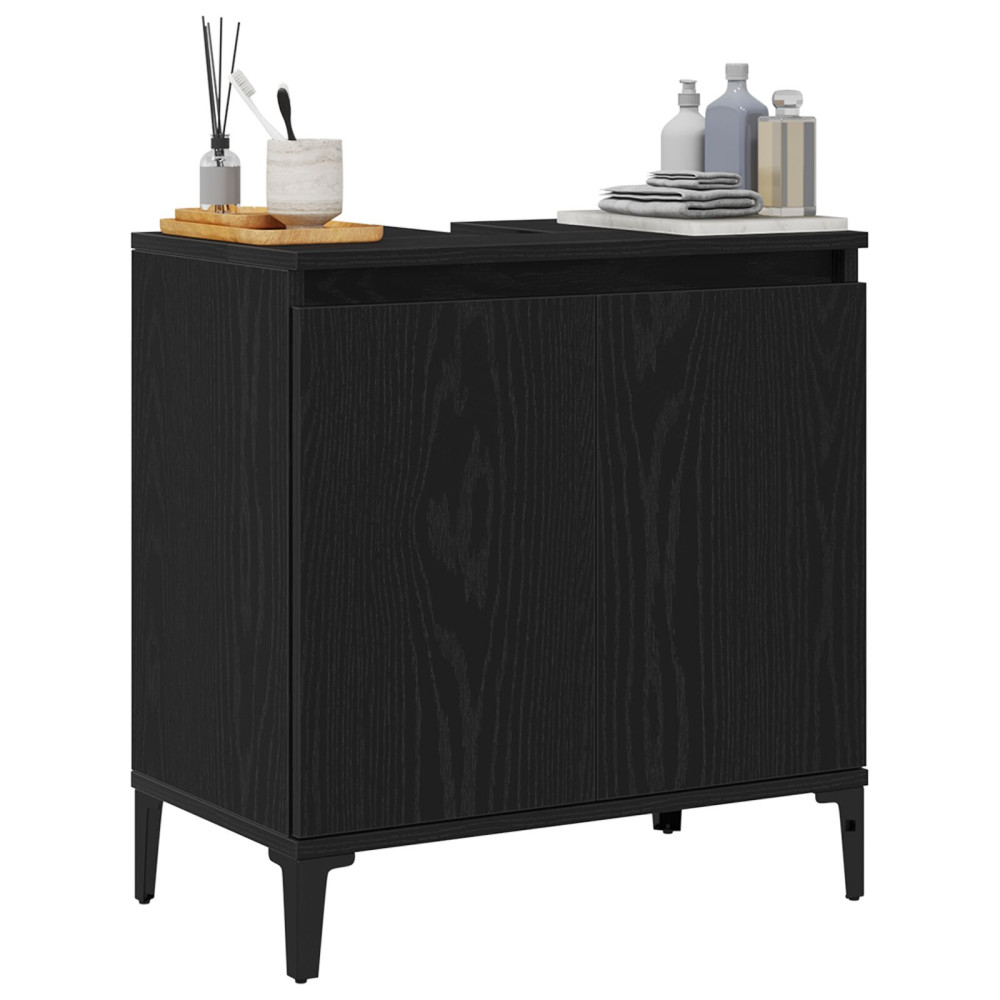 Produktbild för Badrumsskåp med handfat med hylla Svart Ek 58 x 33 x 60 cm