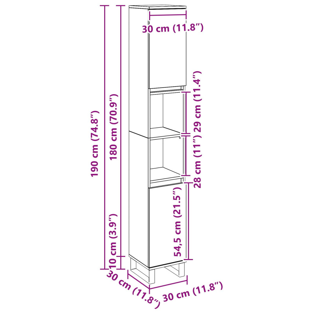 Produktbild för Badrumsskåp med hylla Svart Ek 30 x 30 x 190 cm Konstruerat trä