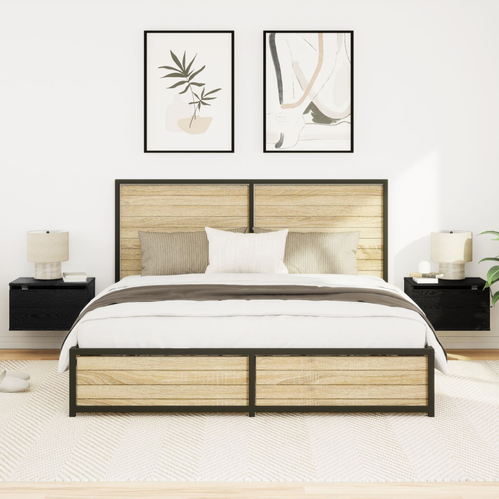 Produktbild för Väggmonterad sänggavel med låda 2 pcs Svart Ek 50 x 36 x 30 cm