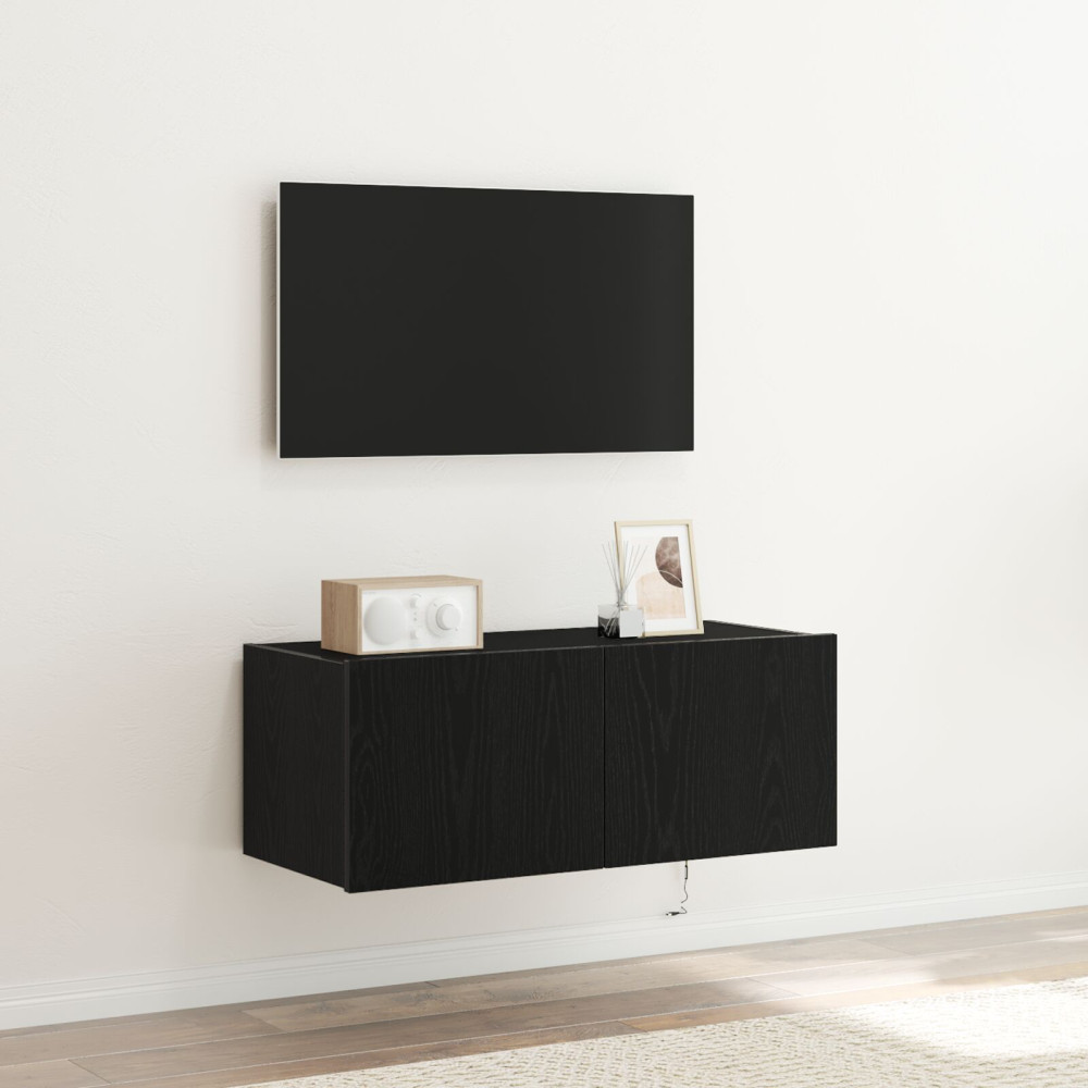 Produktbild för TV Vägghylla med LED Svart Ek 80 x 35 x 31 cm Konstruerat trä