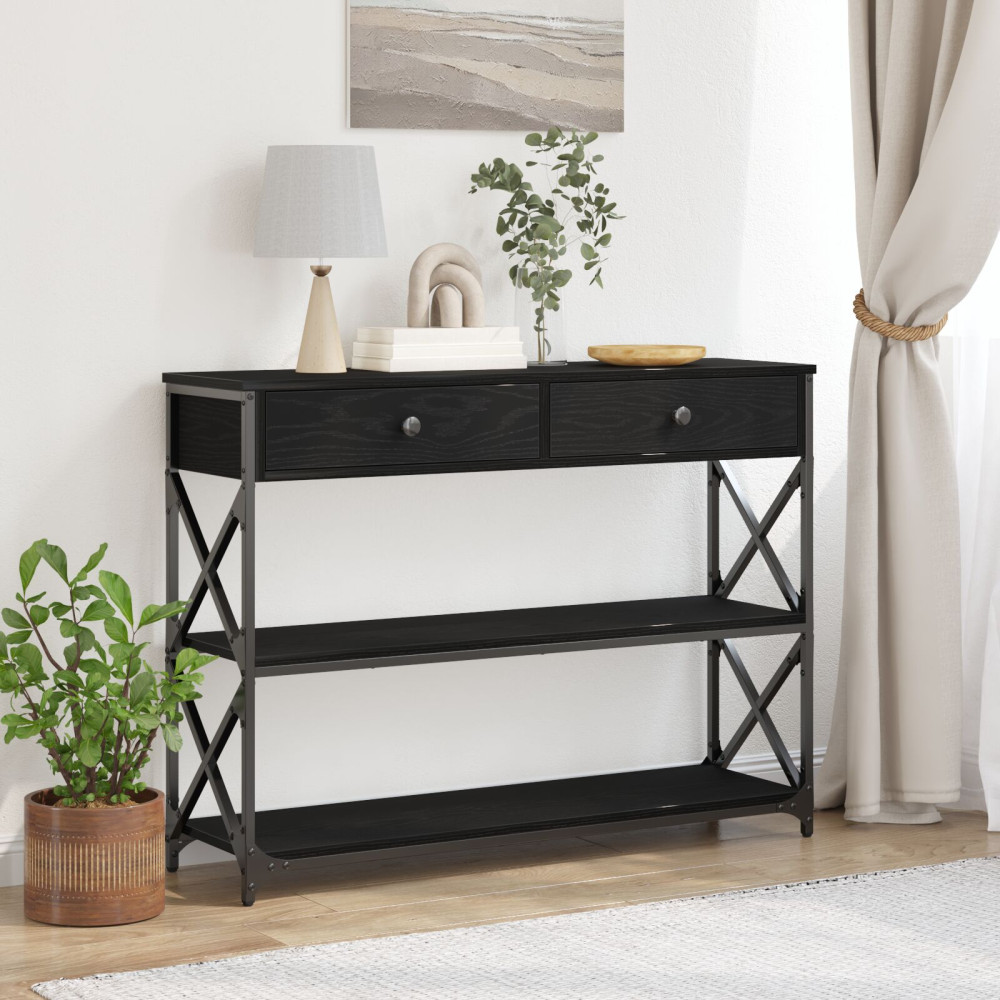 Produktbild för Konsol Bord med låda med hylla Svart ek 100 x 28 x 75 cm