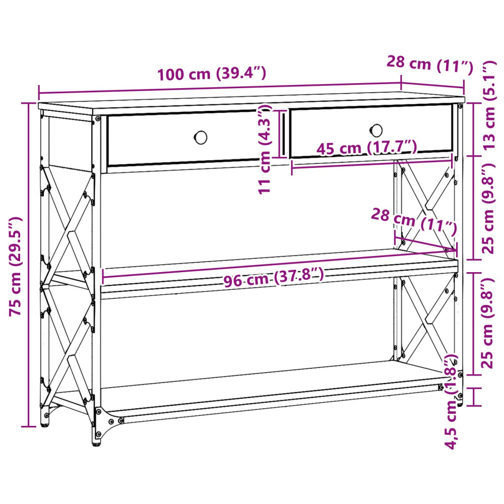 Produktbild för Konsol Bord med låda med hylla Svart ek 100 x 28 x 75 cm