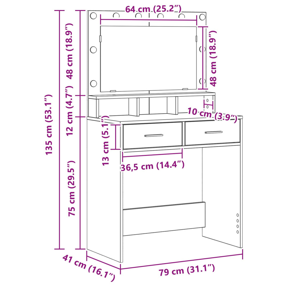 Produktbild för Smyckebord med låda Sonoma-ek 79 x 41 x 135 cm Konstruerat trä