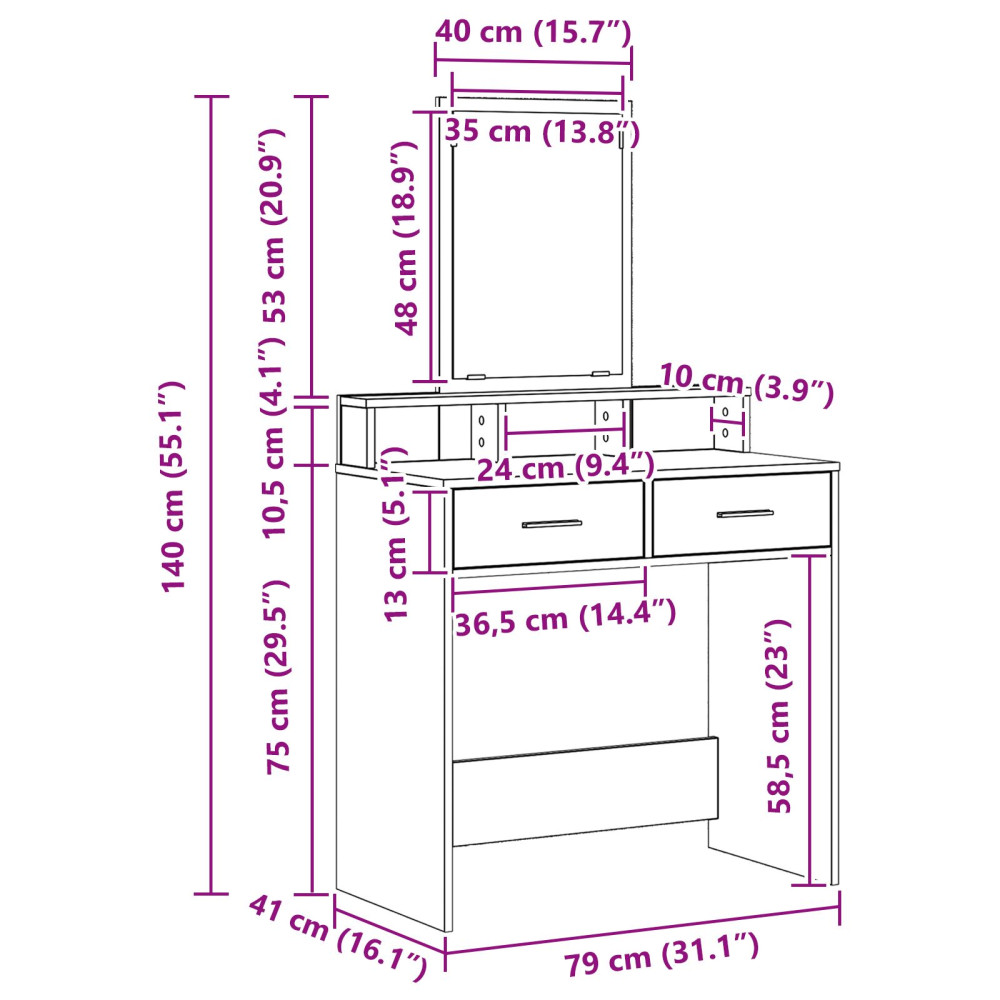 Produktbild för Smyckebord med låda Vit 79 x 41 x 140 cm Konstruerat trä