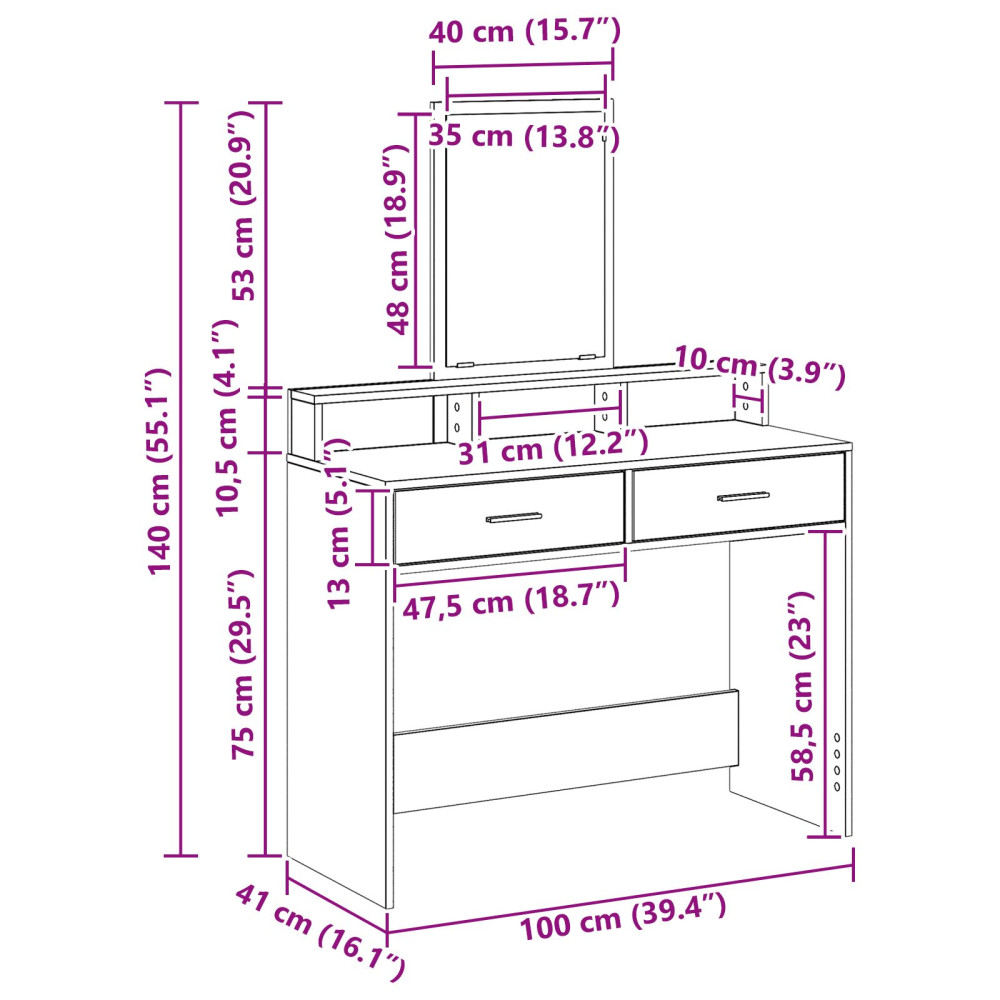Produktbild för Smyckebord med låda Sonoma-ek 100 x 41 x 140 cm Konstruerat trä