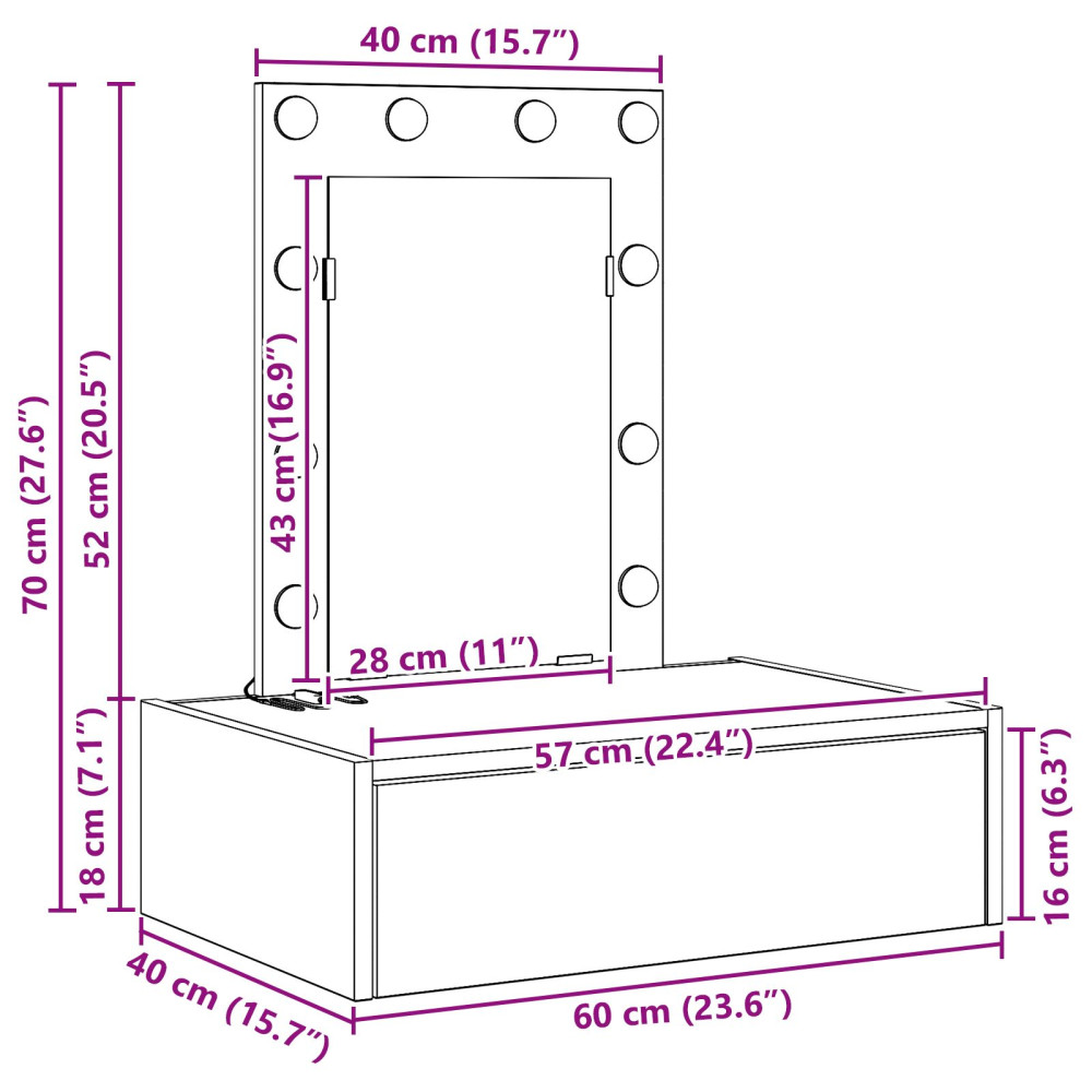 Produktbild för Smyckebord med låda Vit 60 x 40 x 70 cm Konstruerat trä