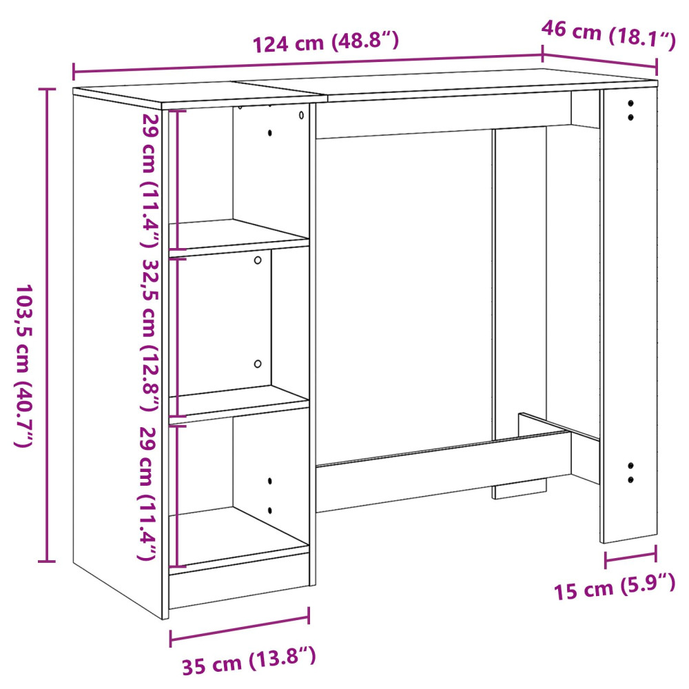 Produktbild för Barbord med hylla Svart Ek 124 x 46 x 103.5 cm Konstruerat trä