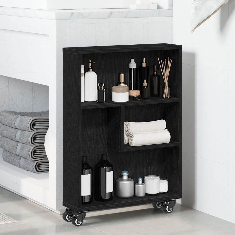 Produktbild för Smal förvaringsvagn Svart Ek 48 x 13 x 68 cm