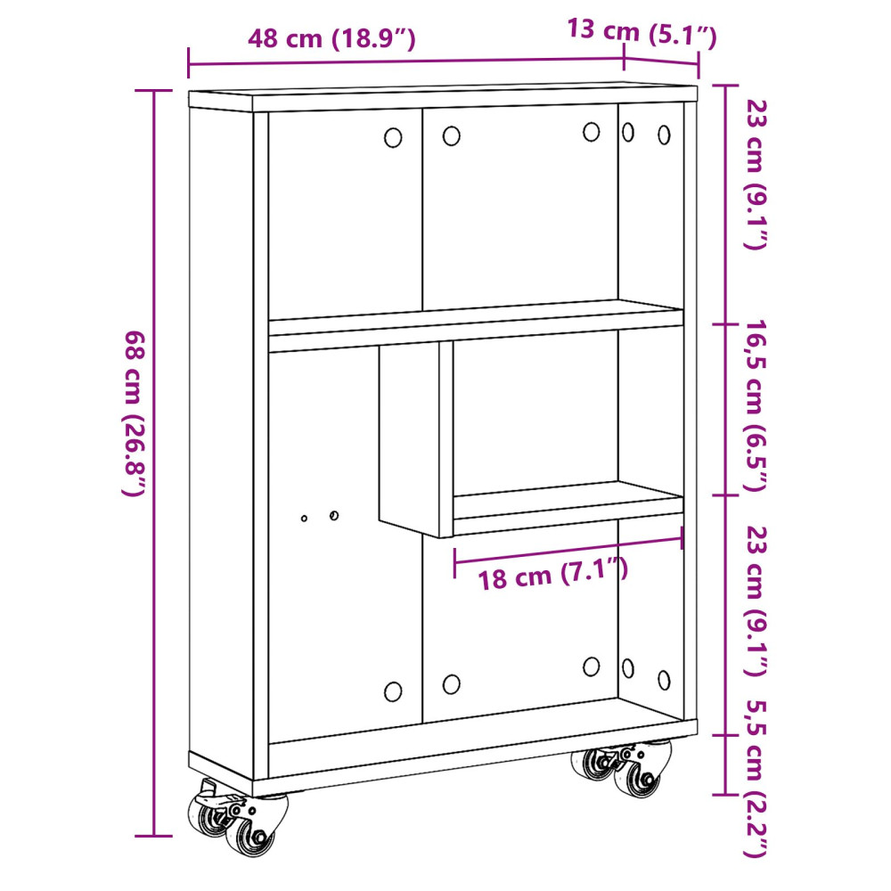 Produktbild för Smal förvaringsvagn Svart Ek 48 x 13 x 68 cm
