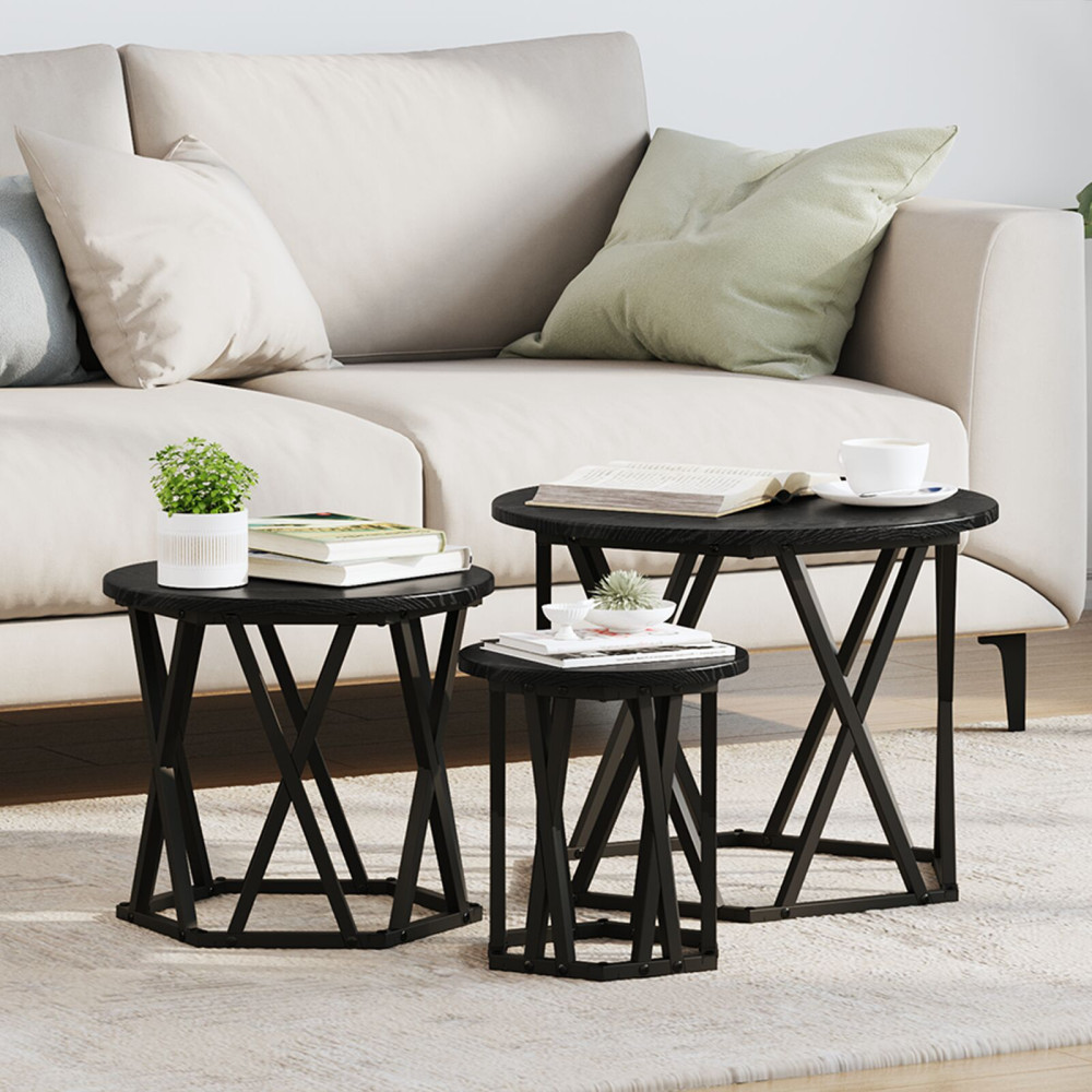 Produktbild för Nestande Sidobord 3 pcs Svart Ek Konstruerat trä och stål