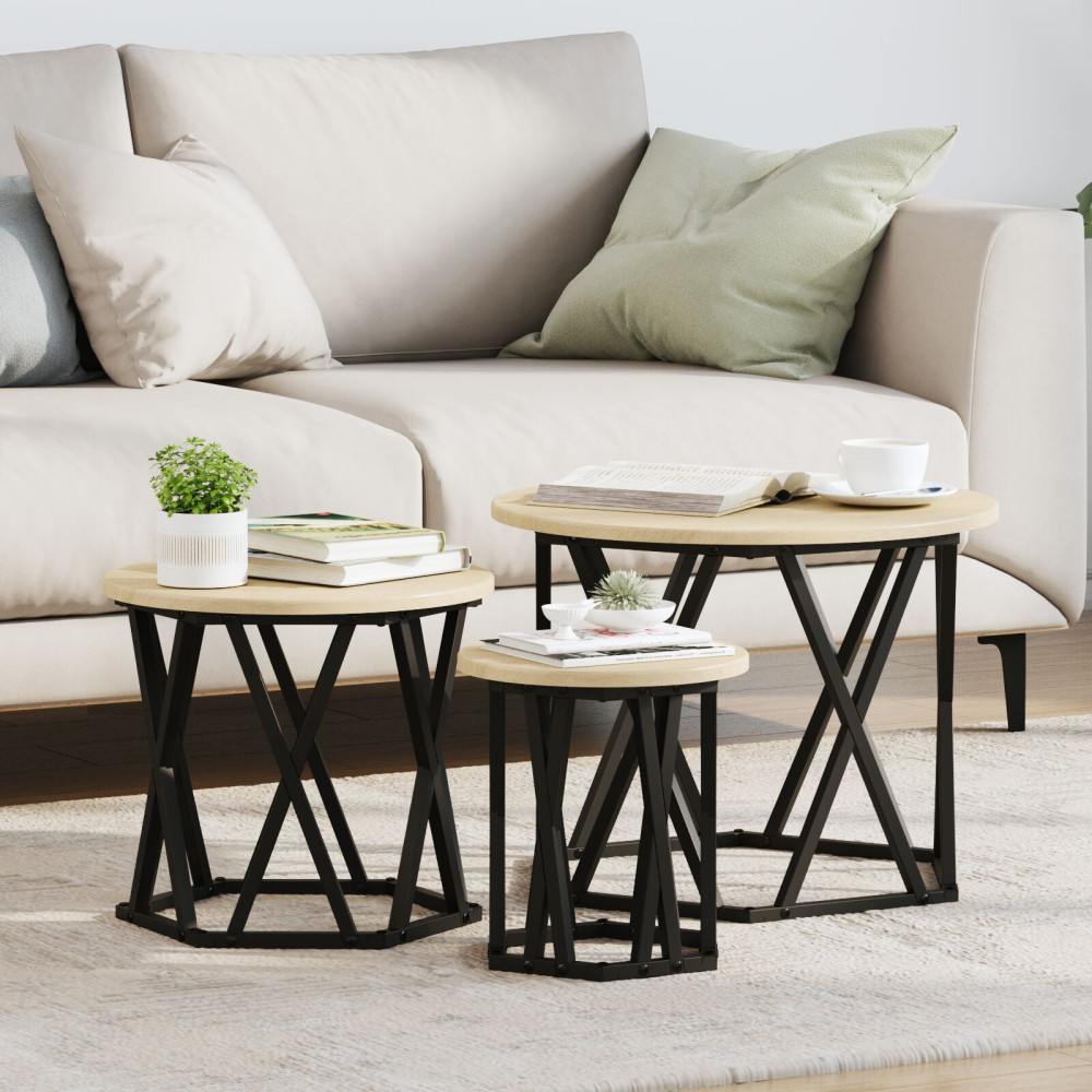 Produktbild för Nestande Sidobord 3 pcs Sonoma-ek Konstruerat trä och stål