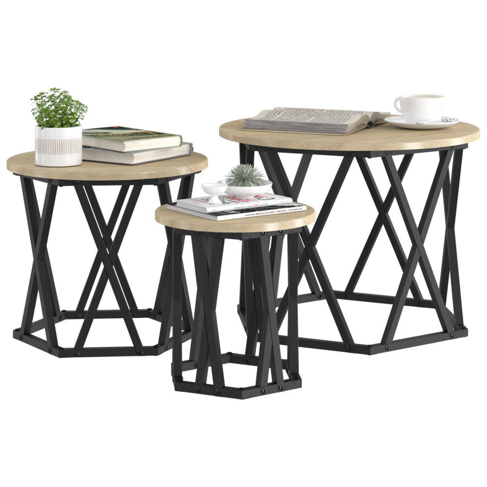 Produktbild för Nestande Sidobord 3 pcs Sonoma-ek Konstruerat trä och stål
