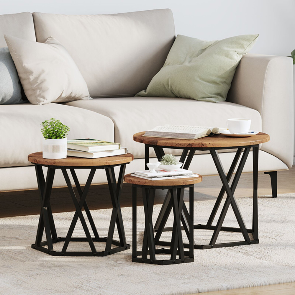 Produktbild för Nestande Sidobord 3 pcs Gammalt trä Konstruerat trä och stål