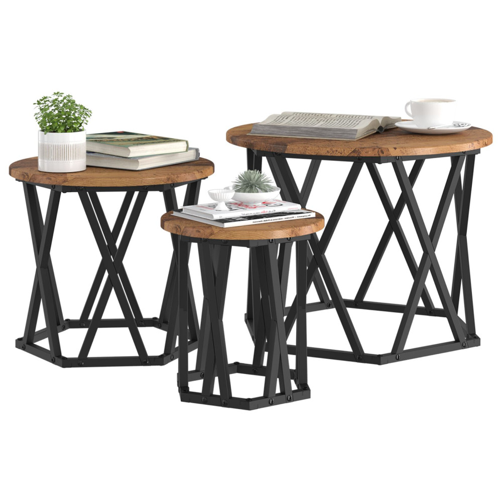 Produktbild för Nestande Sidobord 3 pcs Gammalt trä Konstruerat trä och stål