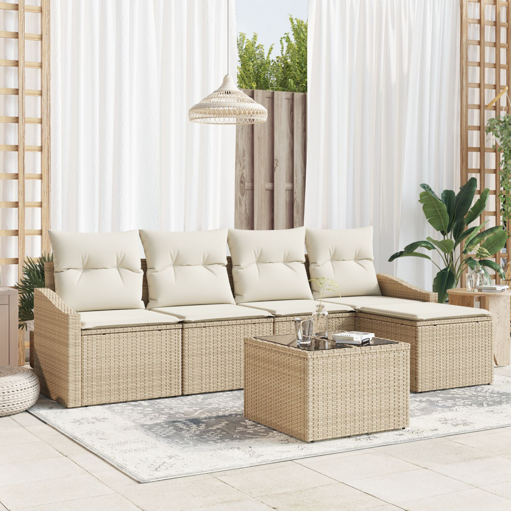 Produktbild för Soffset med kudde 6 pcs Beige och gräddfärgad konstrotting
