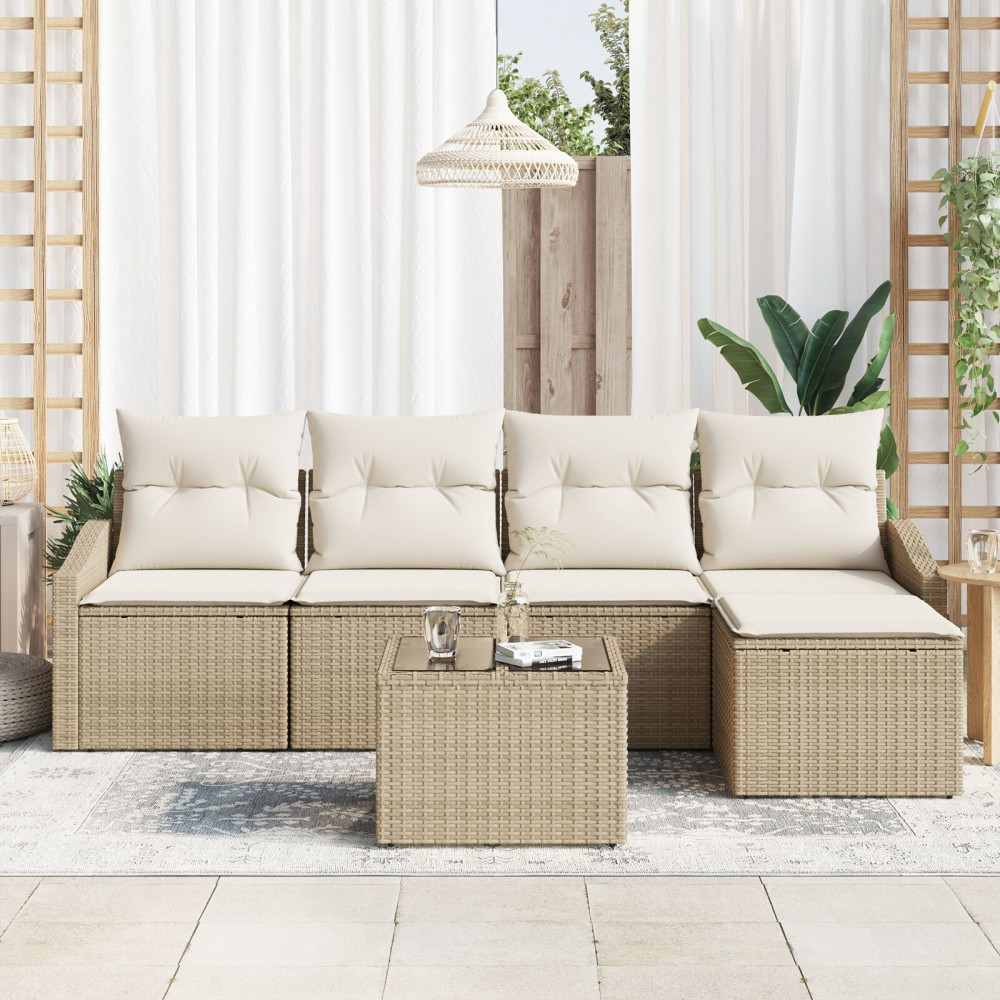 Produktbild för Soffset med kudde 6 pcs Beige och gräddfärgad konstrotting