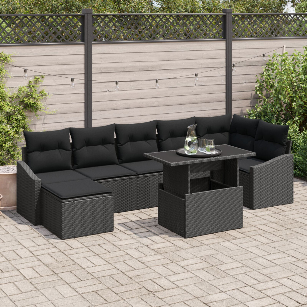 Produktbild för Trädgårdsoffset 8 pcs Svart Poly Rattan och Pulverlackerad Stål