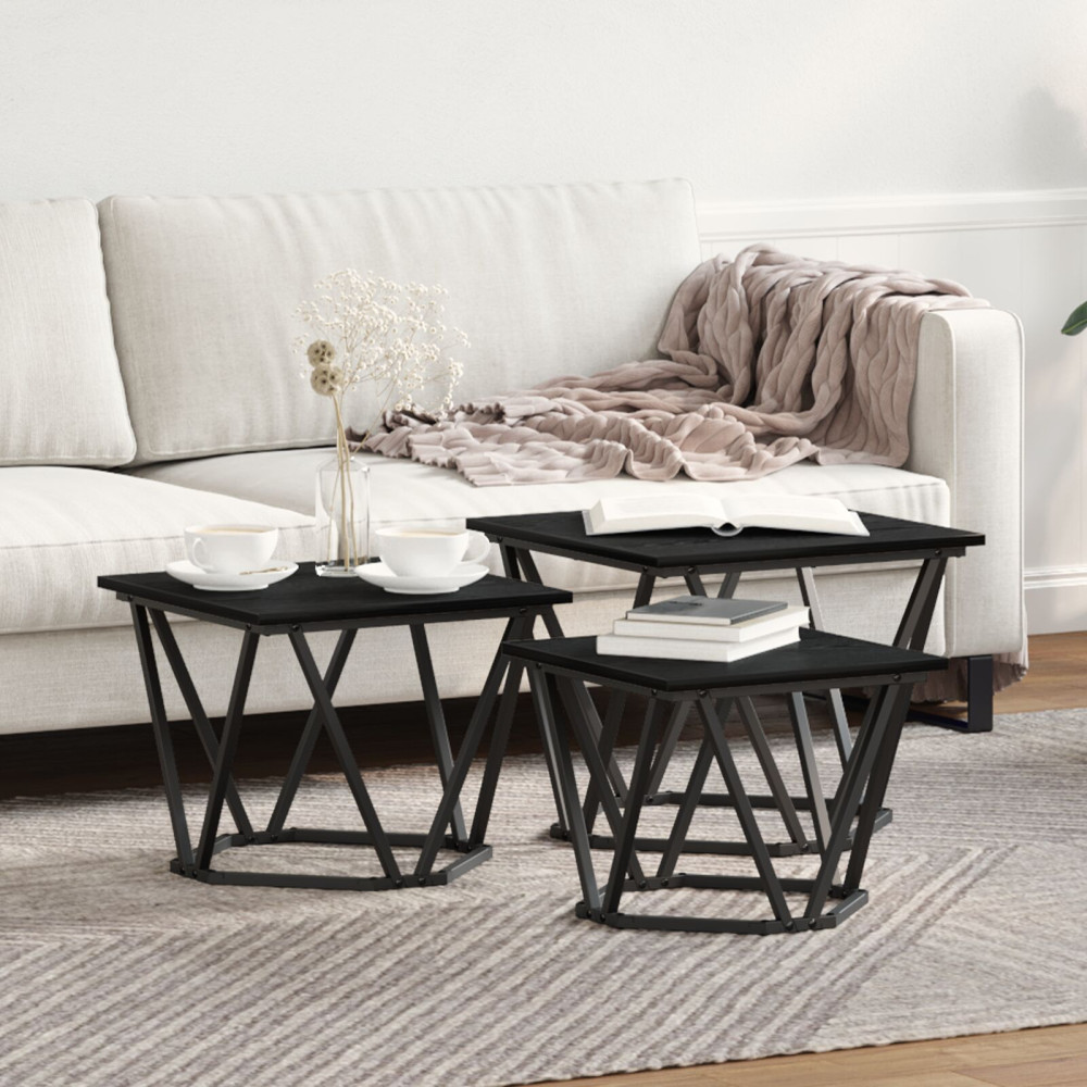 Produktbild för Kaffeebord 3 pcs Svart Ek Konstruerat trä och stål