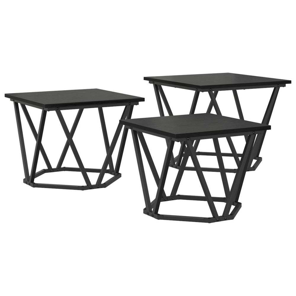 Produktbild för Kaffeebord 3 pcs Svart Ek Konstruerat trä och stål