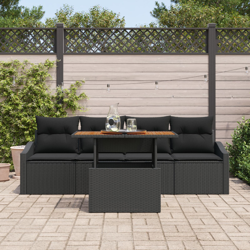 Produktbild för Trädgårdsoffset med kudde 5 pcs Svart Poly rattan