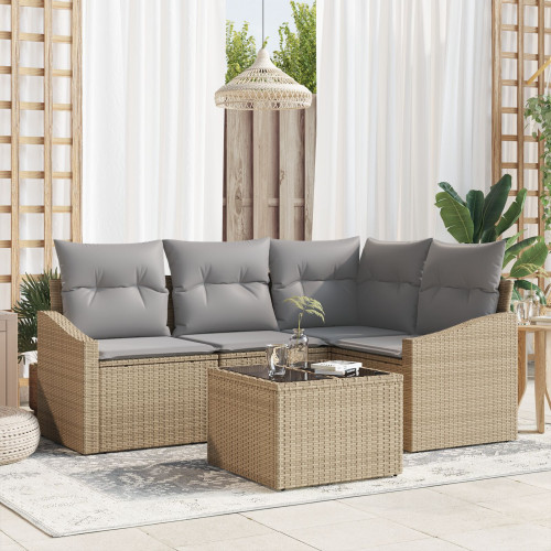 vidaXL Trädgårdsoffset med kudde 5 pcs Beige och Ljusgrå konstrotting