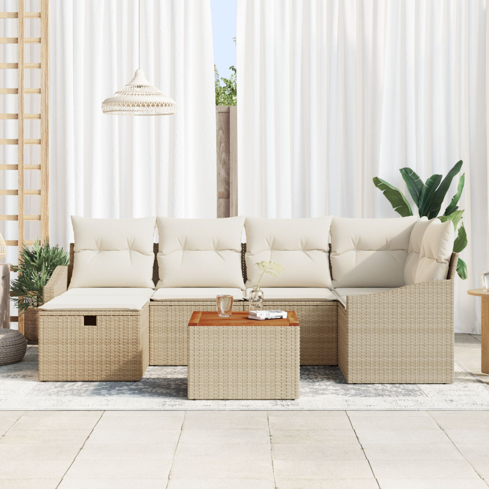 Produktbild för Trädgårdsoffset med kudde med lagring 7 pcs Beige Poly rattan
