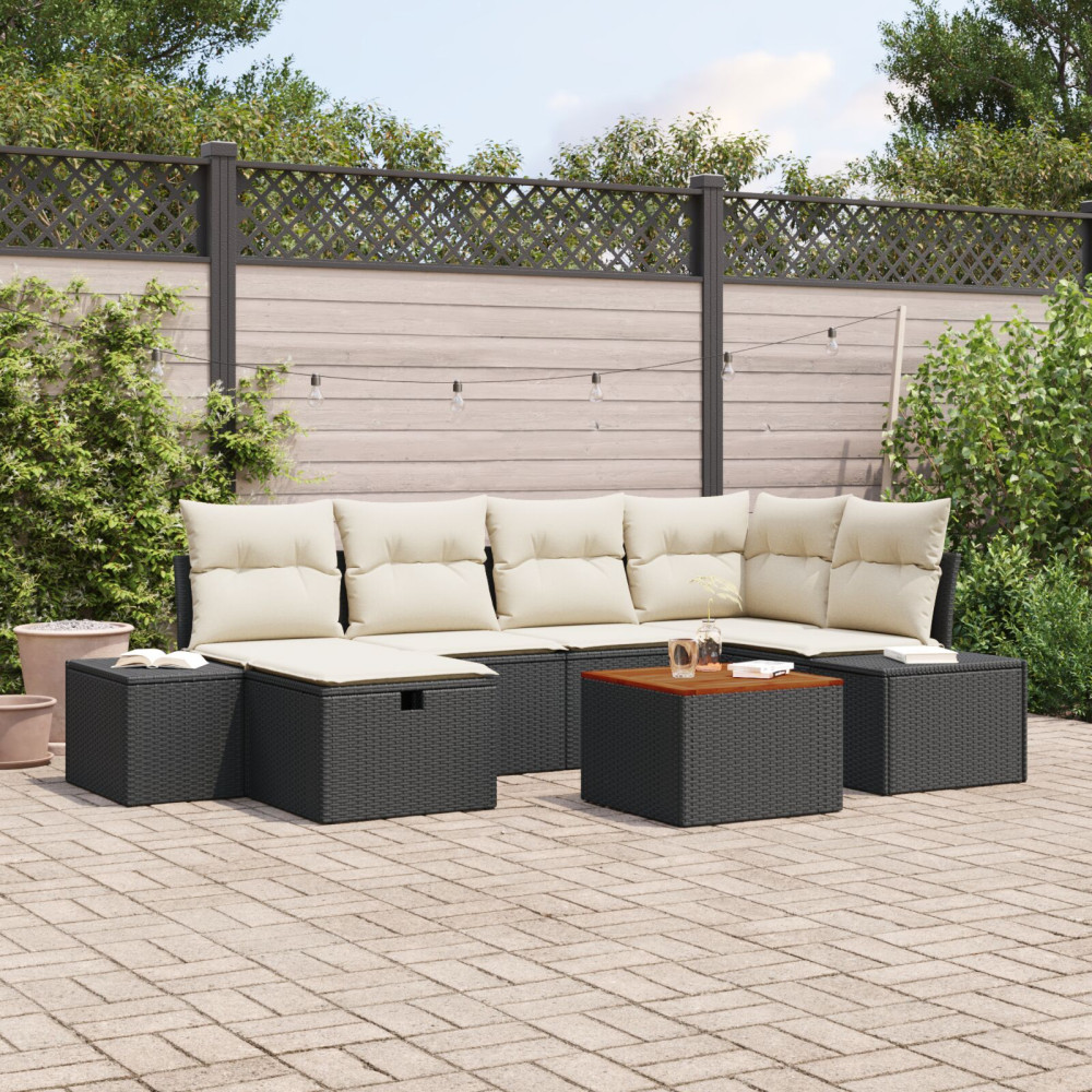 Produktbild för Trädgårdsoffset med kudde med lagring 7 pcs Svart Poly rattan