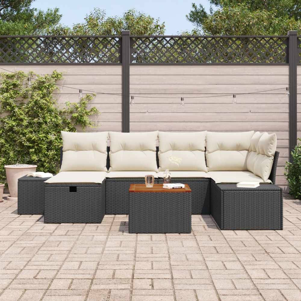 Produktbild för Trädgårdsoffset med kudde med lagring 7 pcs Svart Poly rattan