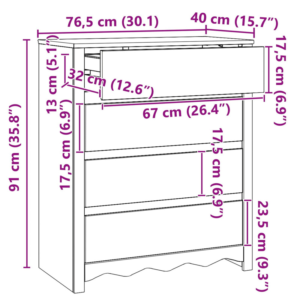 Produktbild för Kommode med låda Drammen Vit 76,5 x 40 x 91 cm Massivt tallträ