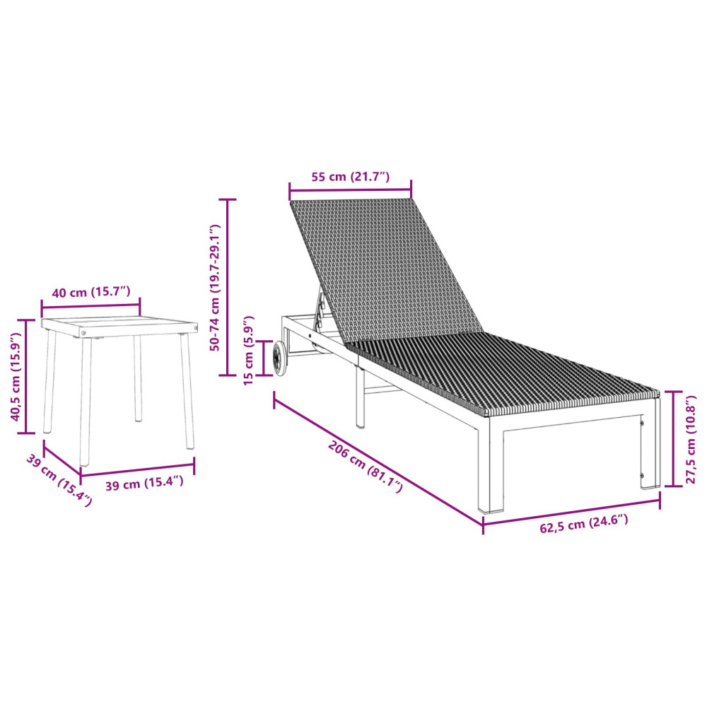 Produktbild för Solbädd Reclining 2-person 3 pcs Svart konstrotting
