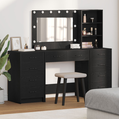vidaXL Smyckebord med spegelbelysning 3 pcs Svart Ek Konstruerat trä