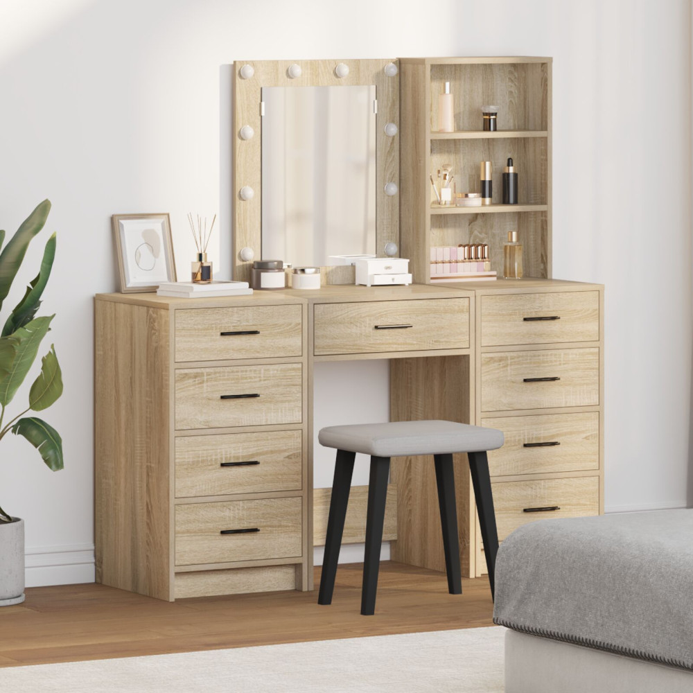 Produktbild för Smyckebord med spegelbelysning 3 pcs Brun Konstruerat trä
