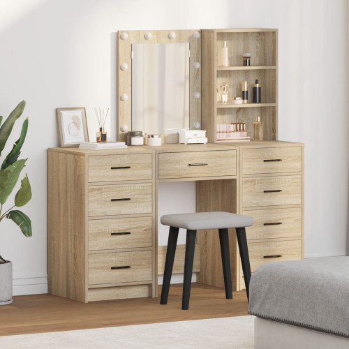 vidaXL Smyckebord med spegelbelysning 3 pcs Brun Konstruerat trä
