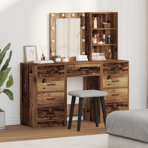 vidaXL Smyckebord med spegelbelysning 3 pcs Brun Konstruerat trä