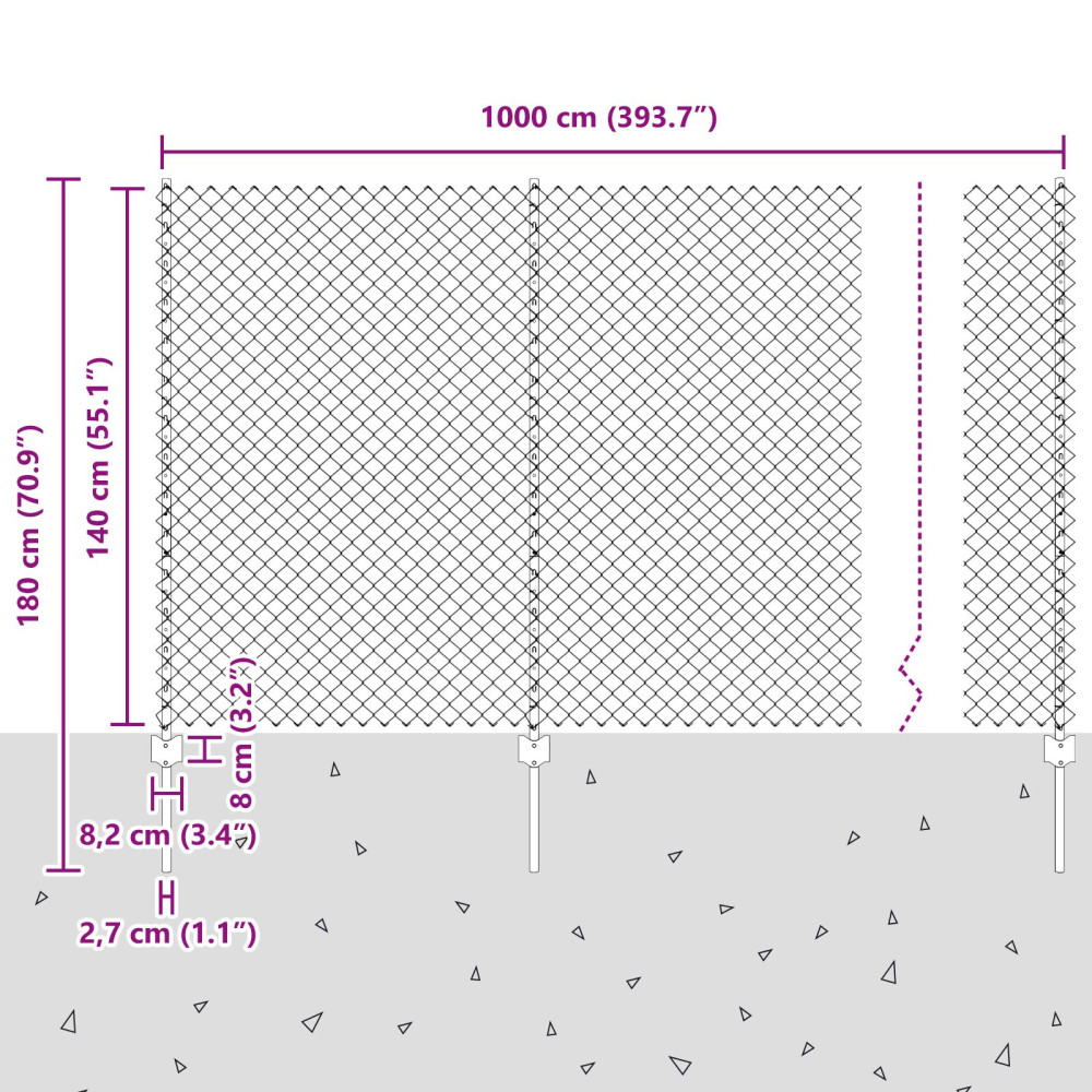 Produktbild för Kedjegaller med stolpe 10 x 1,4 m PVC-belagda stål Grå Mesh